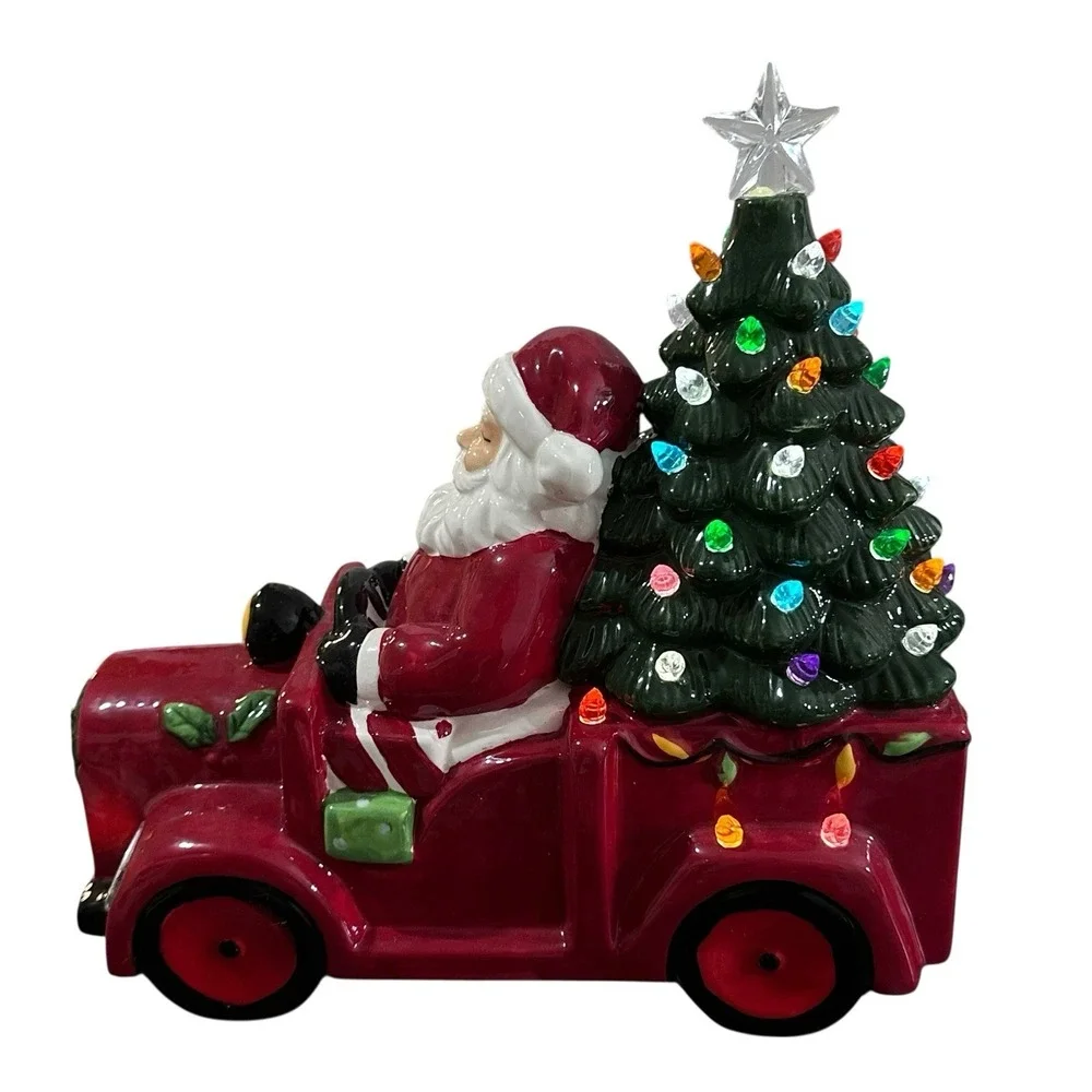 Ceramic Santa's Red Christmas Tree Delivery Truck Lights‎ Up Night Light